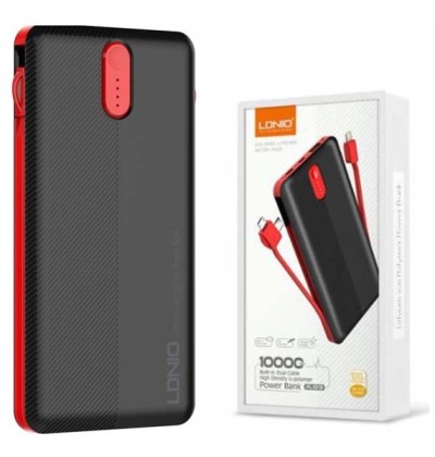 Ldnio PL1013 Dual USB Output Port 10,000 mAh Power Bank with Build-in Cable – Black Color