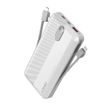 LDNIO PL2014 20000mAh Fast Charging Powerbank With Built-in Cable (Micro, Type-C, Lightning) – White Color